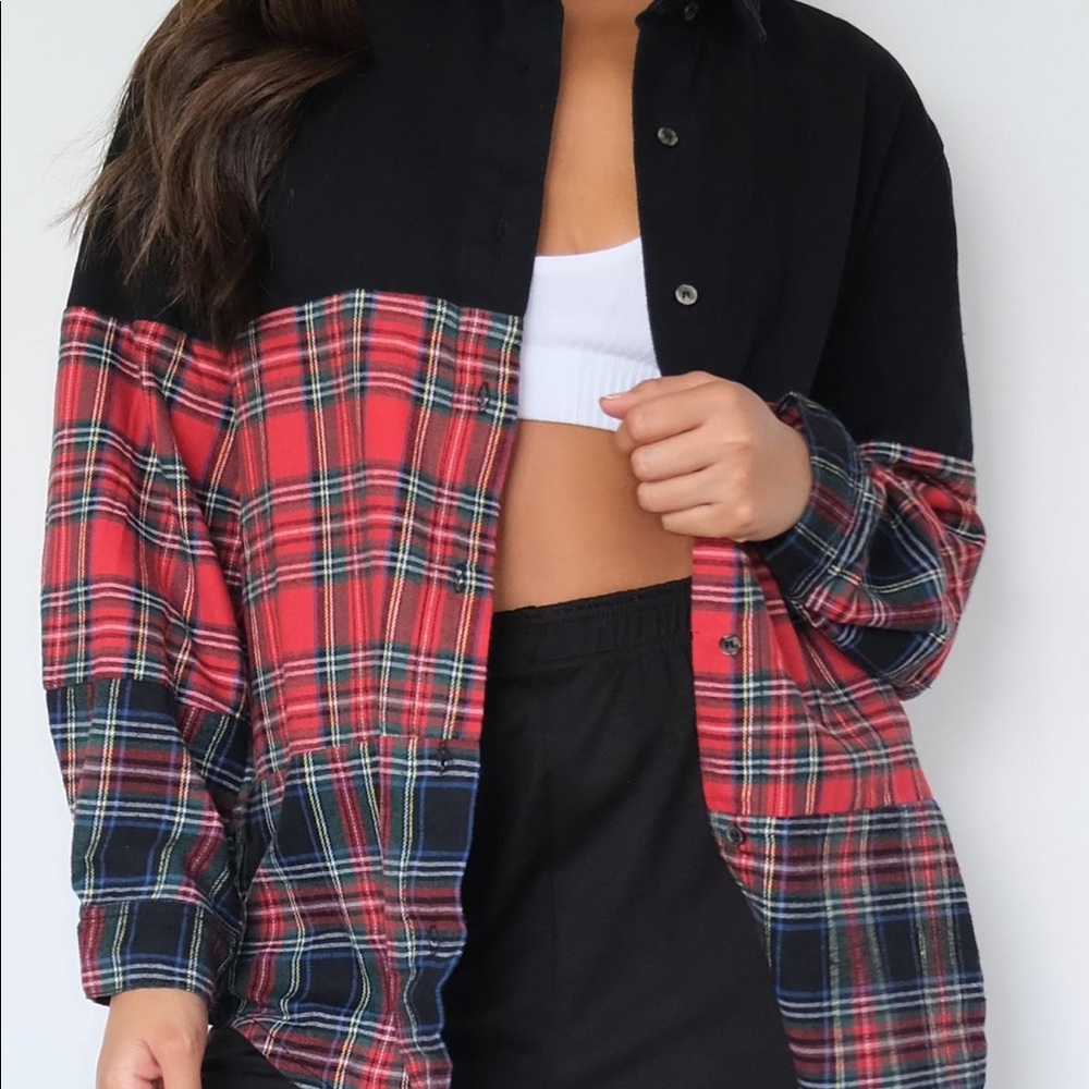 Missguided Black Tartan Splice Denim shirt/flannel